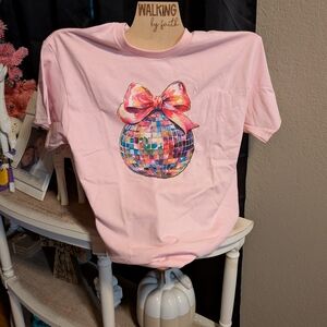 Gildan Pink Tee with Disco Ball and Bow Graphic
